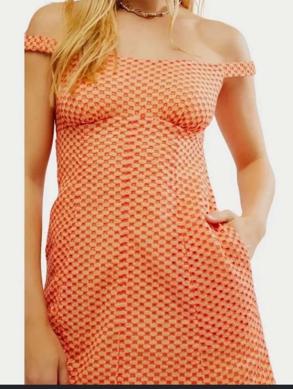 Free People NWT Berry Kiss Coral Peach Off-the-Shoulder Eyelet Mini Dress Small